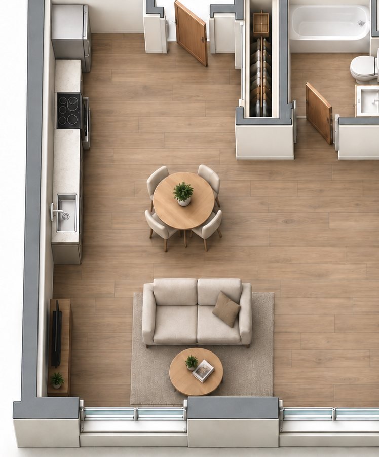 Kitchen, dining table and sofa in the Type F layout, shown furnished in a 3D concept visualization