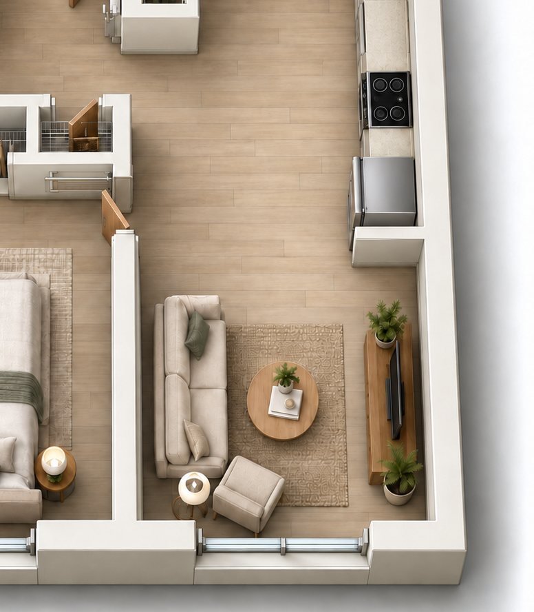 Living area and galley kitchen in the Type J layout, shown furnished in a 3D concept visualization