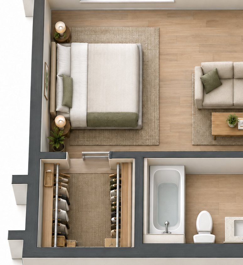 Sleeping area, closet and bathroom in the Type A layout, shown furnished in a 3D concept visualization