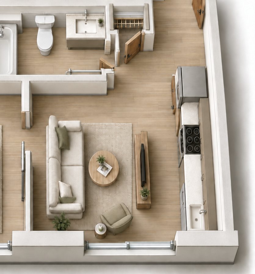 Living area, kitchen and bathroom in the Type G layout, shown furnished in a 3D concept visualization