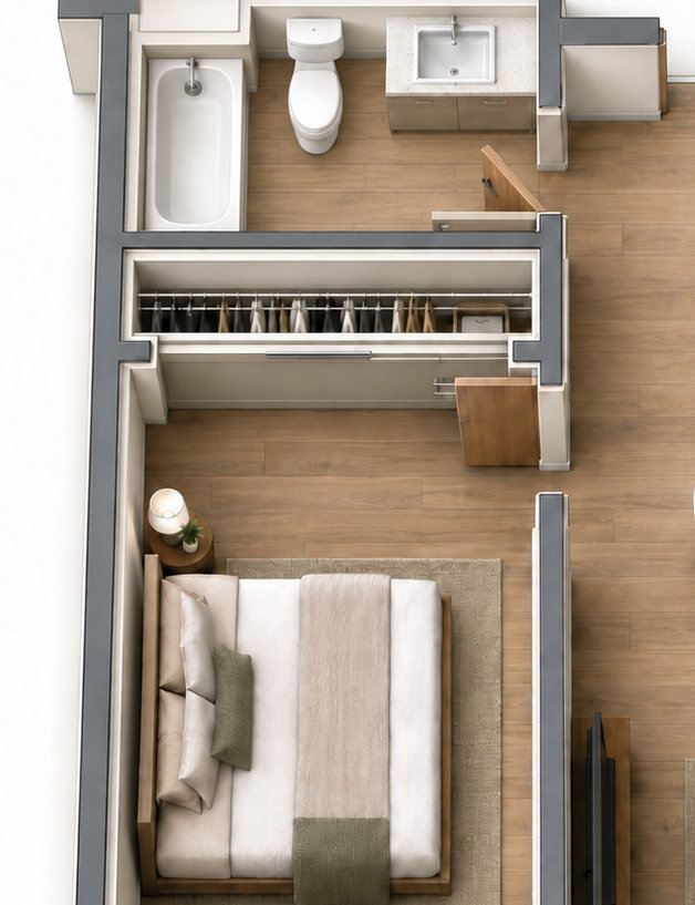 Sleeping area, closet and bathroom in the Type E layout, shown furnished in a 3D concept visualization