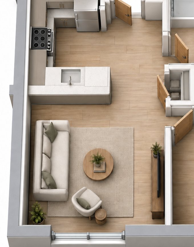 Kitchen, sofa and armchair in the Type H layout, shown furnished in a 3D concept visualization