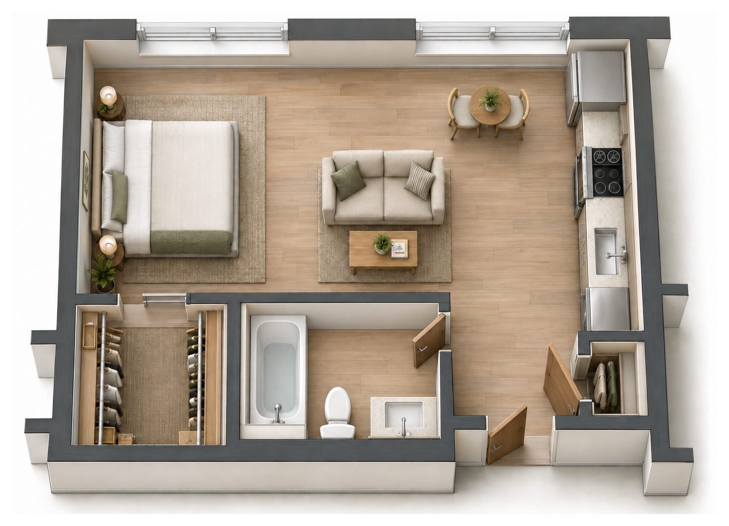 Type A floor plan: overhead 3D concept visualization of the layout, shown furnished