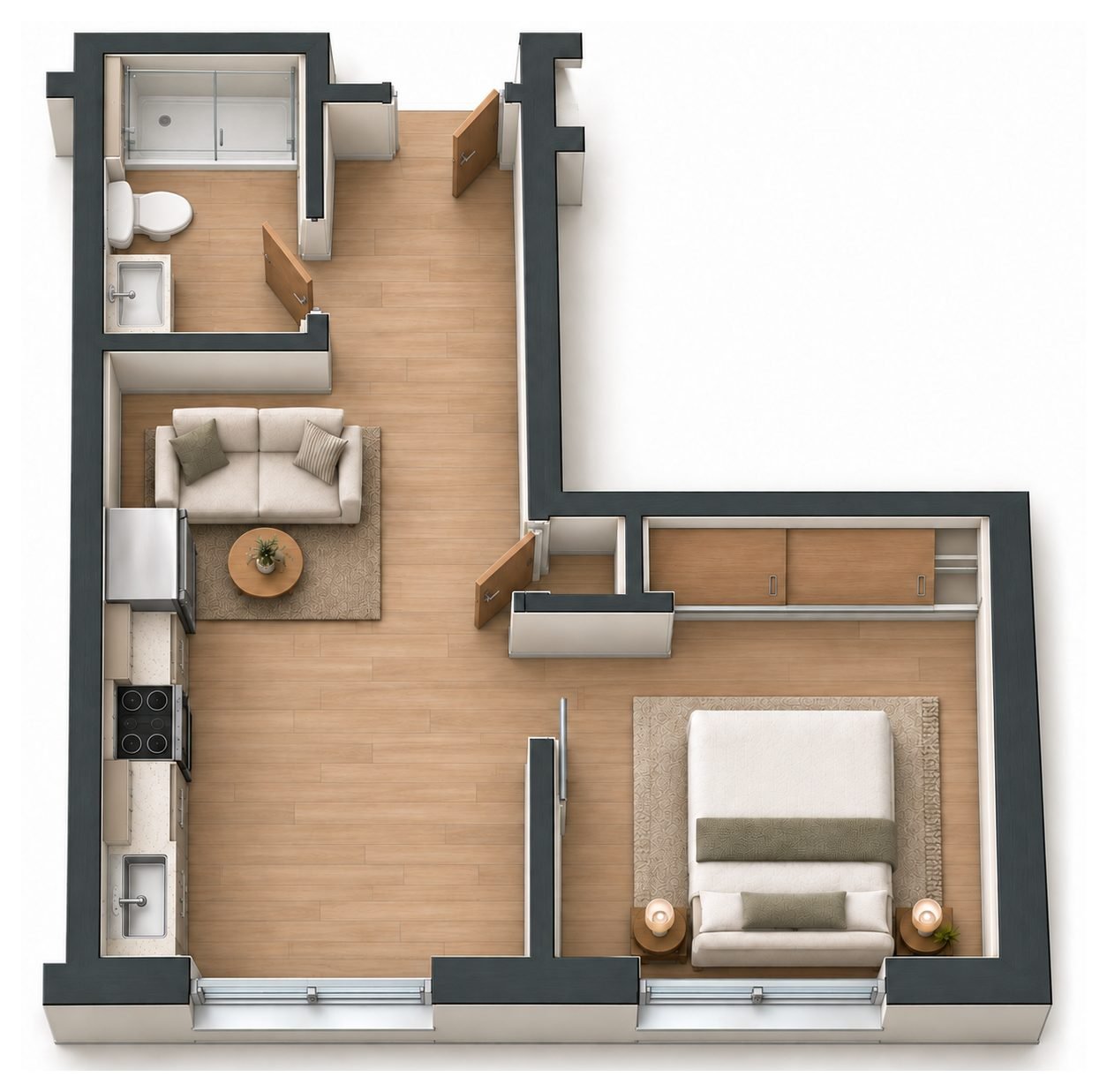 Type C floor plan: overhead 3D concept visualization of the layout, shown furnished