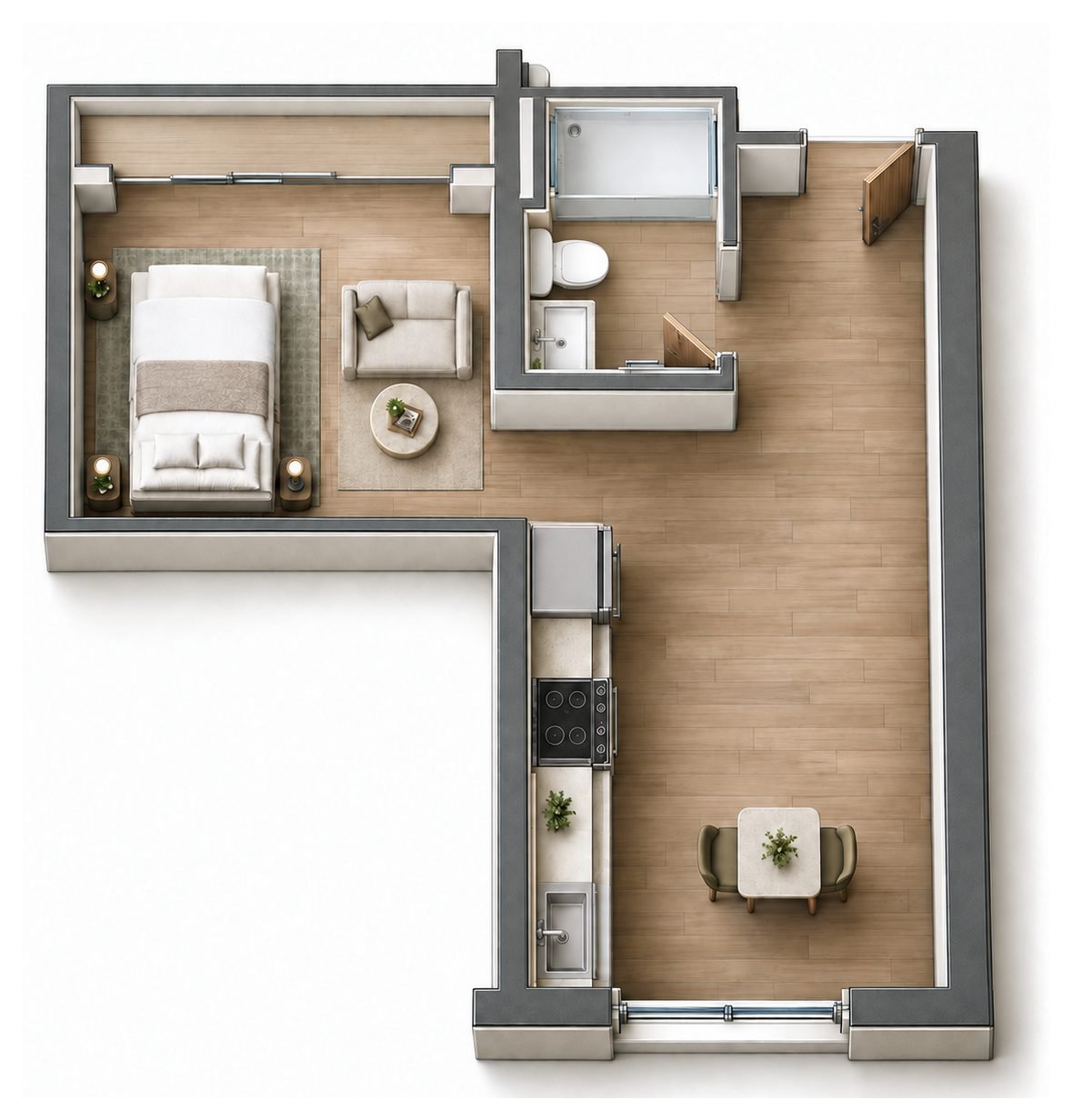 Type D floor plan: overhead 3D concept visualization of the layout, shown furnished