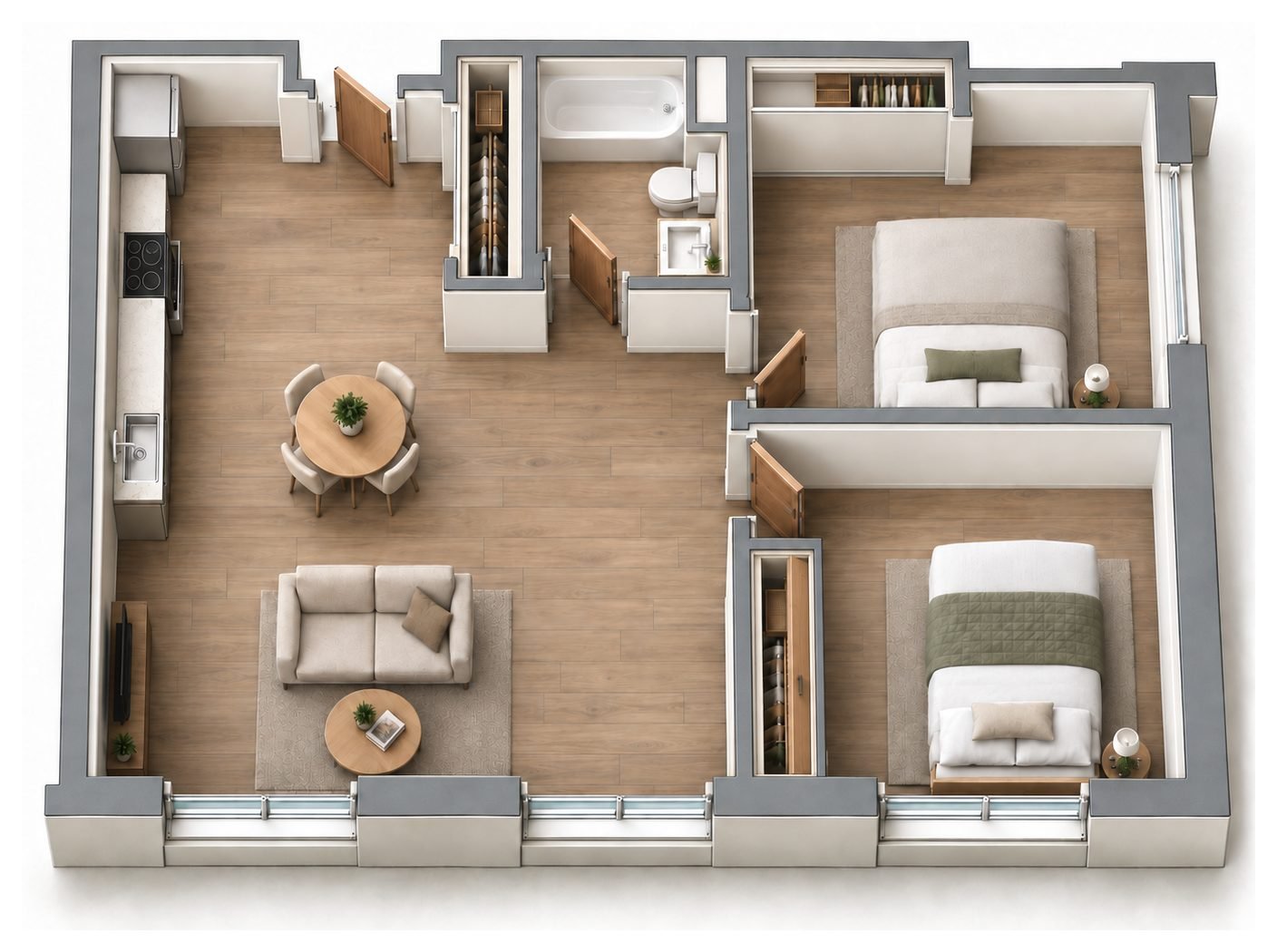Type F floor plan: overhead 3D concept visualization of the layout, shown furnished