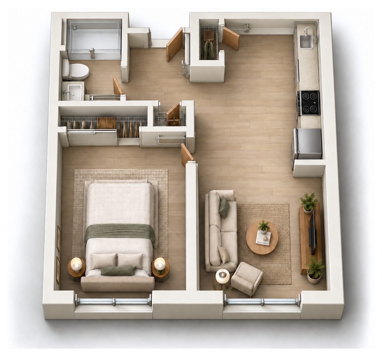 Type J floor plan: overhead 3D concept visualization of the layout, shown furnished
